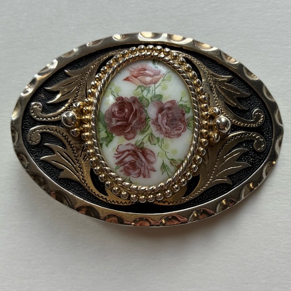 Vintage Accessories - Vintage Silver Western Belt Buckle With Porcelain Floral Center Stone
